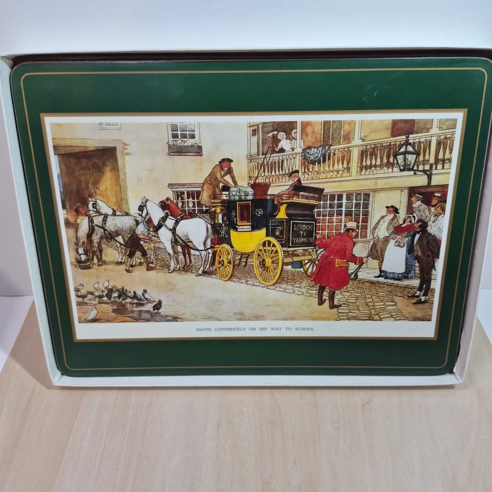 Pimpernel Charles Dickens Placemats Set of 6 Cork Back Green Gold English Scenes